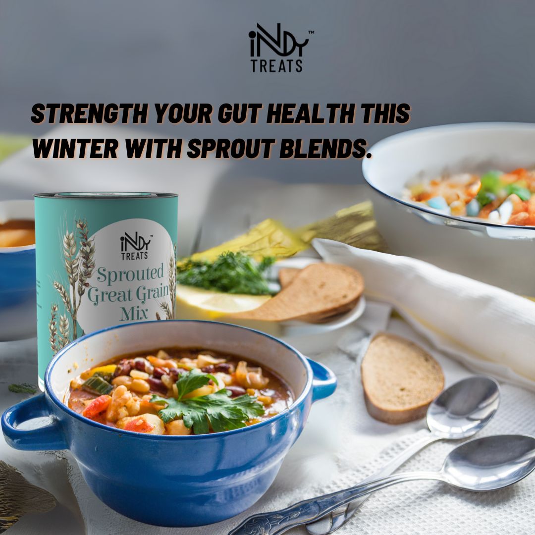 Bowl of Winter Wellness: Nourishing Vegetable Soup Infused with Gut-Friendly Goodness from Sprouted Great Grain Mix